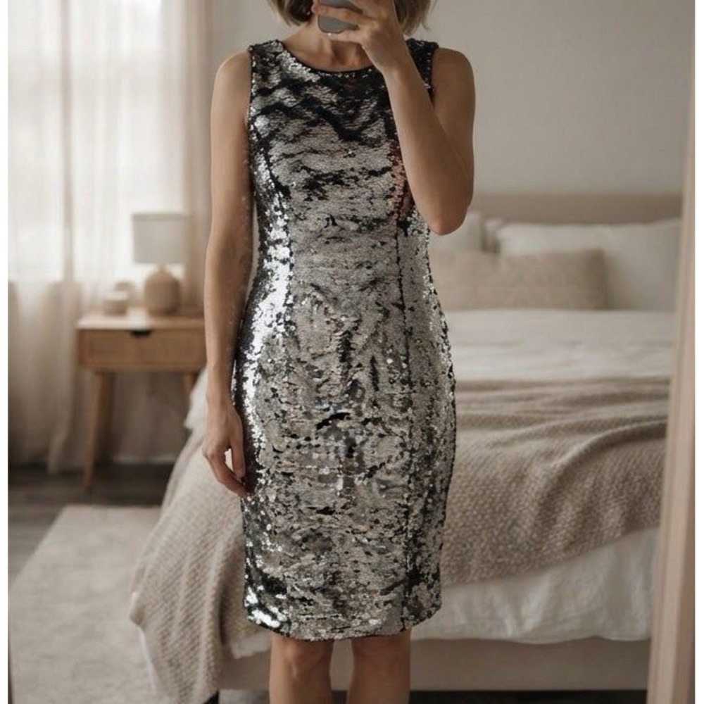 EVA MENDES Reverse Silver & Black Full Sequin Midi Sheath Dress Party Size Xl
